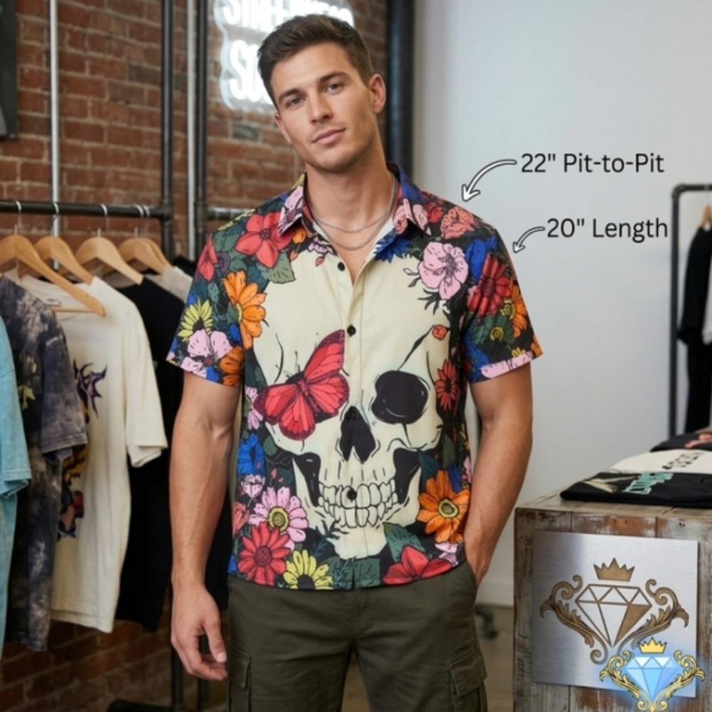 Manfinity Men’s XL Floral Skull Boxy Cropped Button Up Shirt Streetwear Festival